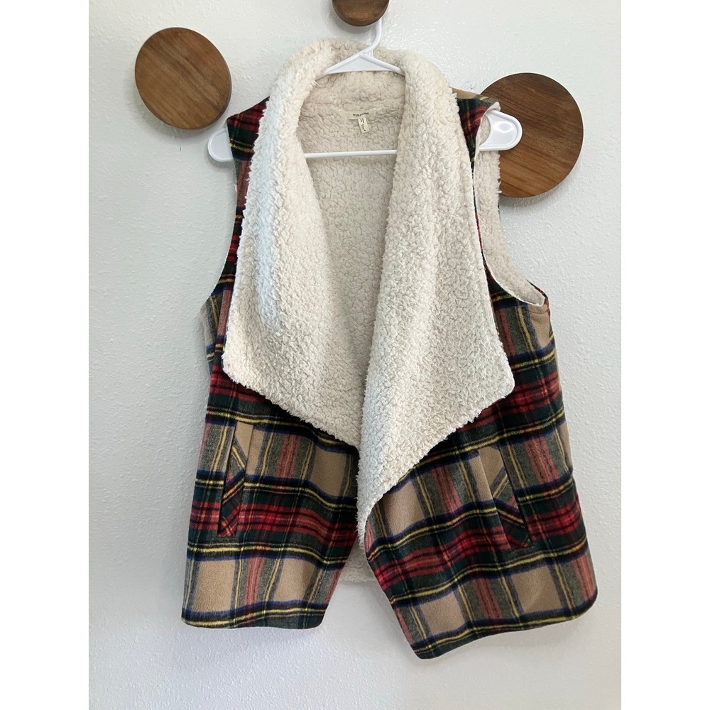 Maurice's Plaid Sherpa Wool Blend‎ Lined Open Front Vest Women's Size Large